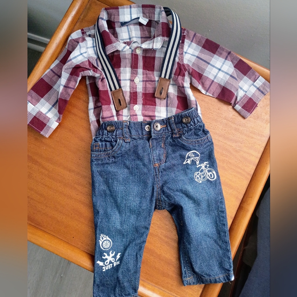 The Children's Place- Plaid Bodysuit With Jeans & Suspenders- Matching Set 3-6M